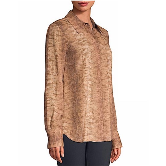 Lafayette 148 Brown Silk Blend Julianne Python Print Shirt Button-down Top - Picture 2 of 8